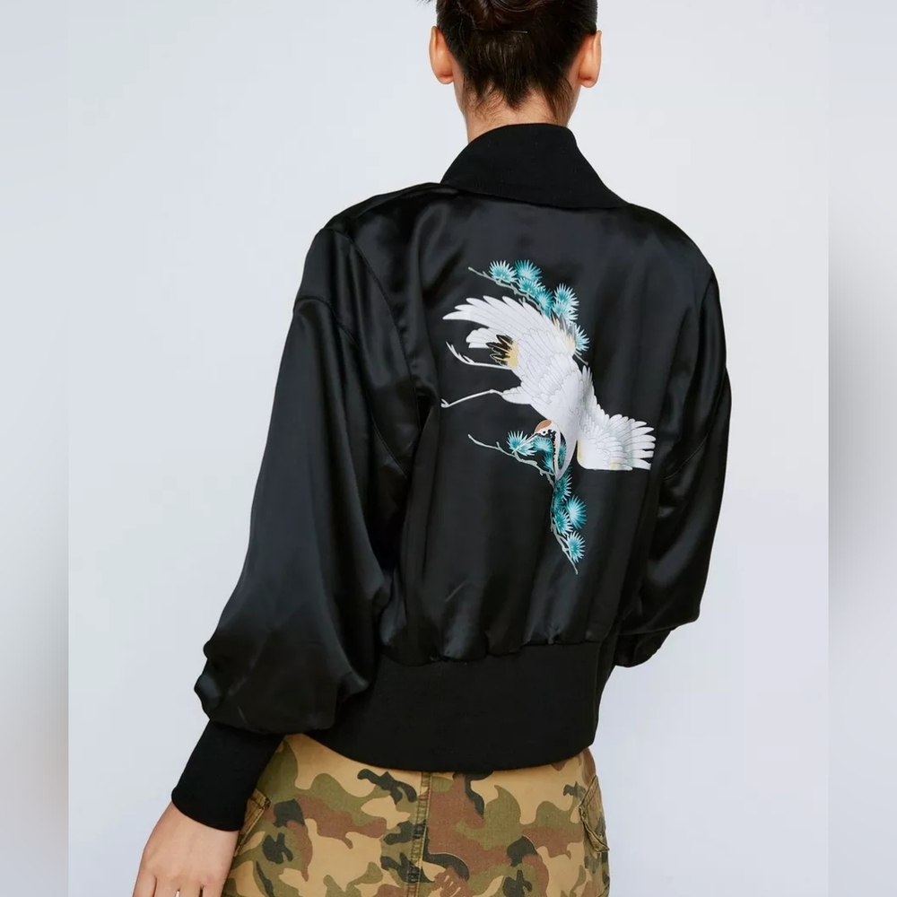 NWT Bird Embroidered Satin Bomber Jacket